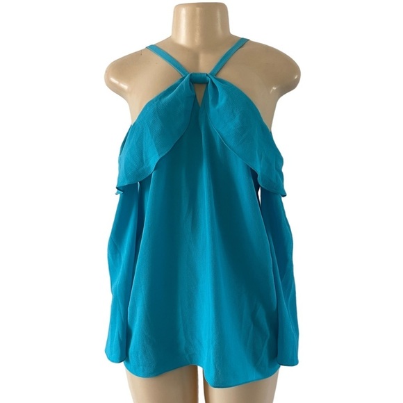 CeCe Blue Teal Open‎ Ruffle Halter Off-The-Shoulder Boho Bell Sleeve Top - Picture 1 of 12
